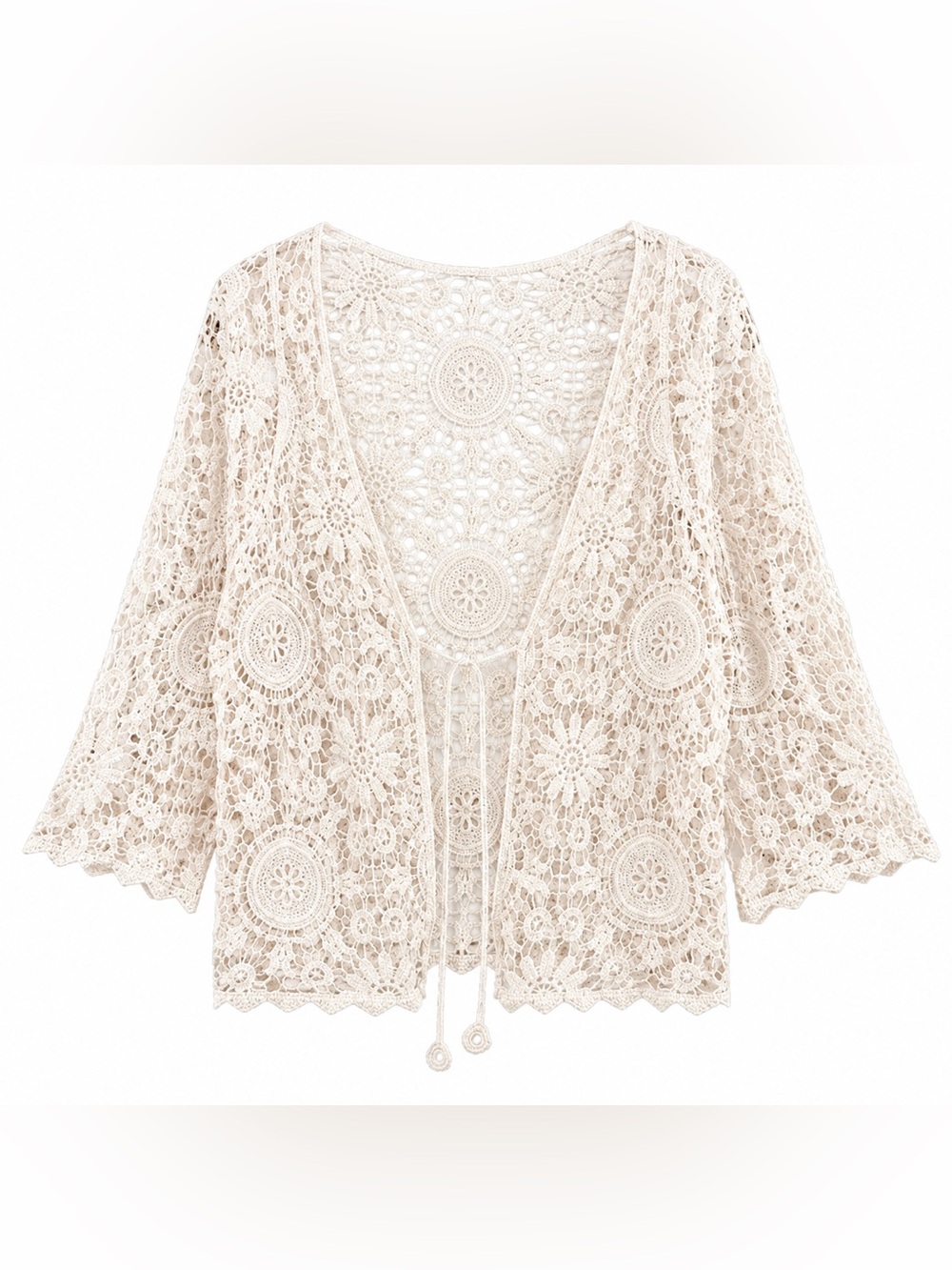 Boho Floral Lace Crochet Cardigan Open Front 100% Cotton Ivory Cottagecore